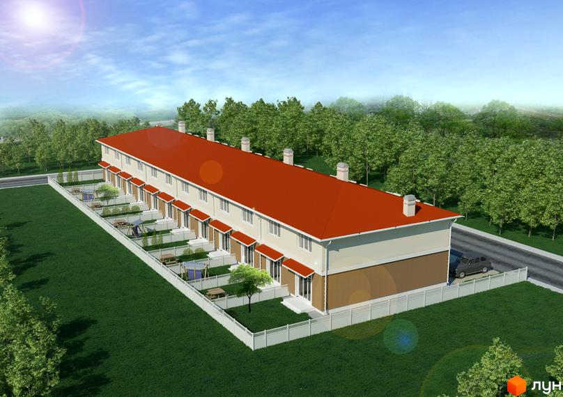 Зображення таунхаусів Новий: ряд будинків з червоними дахами та світлими фасадами. Кожен має власний задній двір з газоном та білою огорожею.