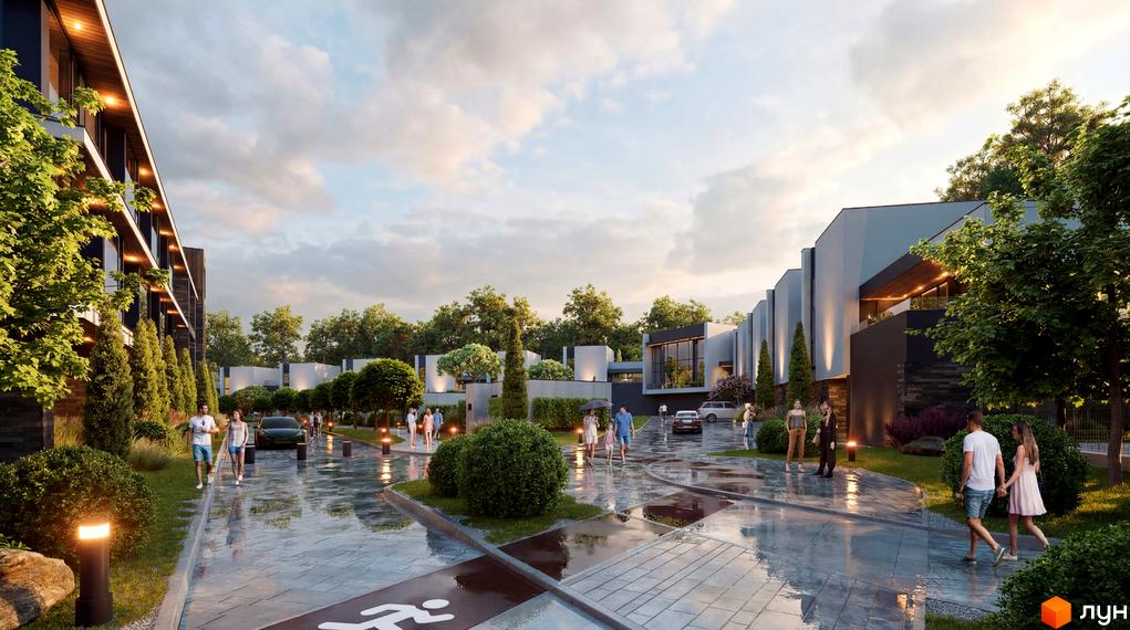 Lviv Resort - житловий комплекс з сучасними таунхаусами та доглянутою прибудинковою територією. На зображенні видно фасади будинків, зелені насадження та доріжки.