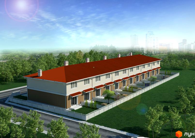 Таунхаус „Новий“: ряд двоповерхових будинків з червоними дахами та світлими фасадами. Кожен має огороджений двір з зеленим газоном та деревами.