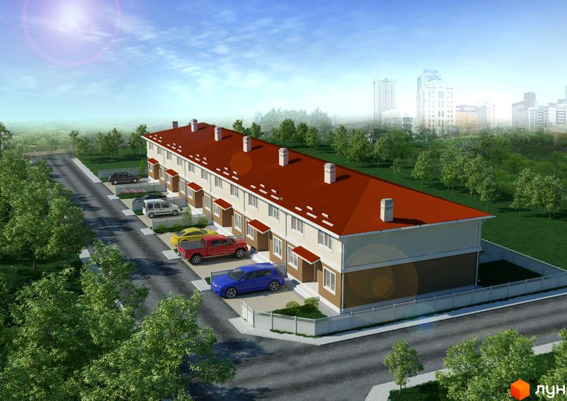 Таунхаус „Новий“: Ряд двоповерхових таунхаусів з червоними дахами та світлими фасадами, прибудинкові парковки та зелені насадження. Вид на місто.