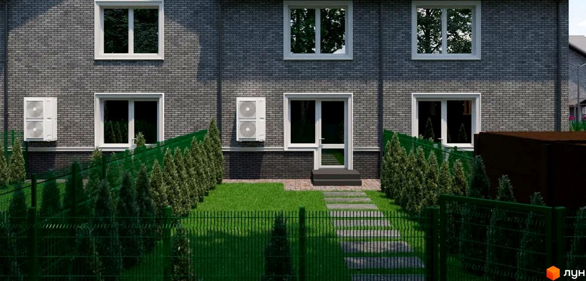 Фасад будинку Котеджного містечка GREENBOR з сірої цегли, білі вікна та двері. На території газон, доріжка з плит, хвойні дерева.