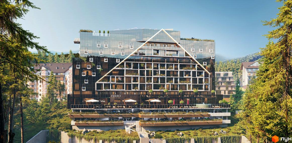 Житловий комплекс FERRO Premium Resort Bukovel з багатоповерховим скляним фасадом, білим трикутним елементом та терасами. Розташований серед густих хвойних дерев.