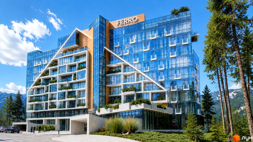 FERRO Premium Resort Bukovel: будівля зі скляними фасадами, трикутним дизайном та зеленню. Поруч дерева та гори.