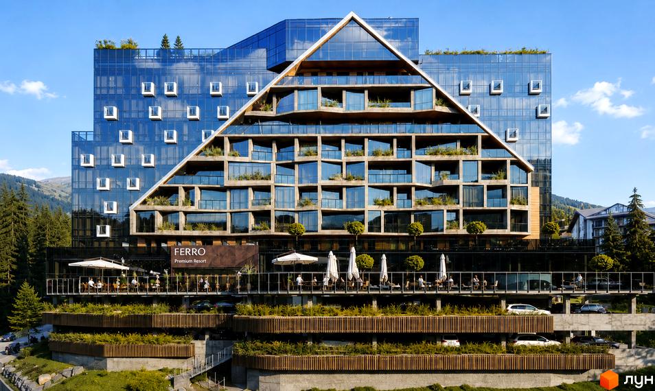 FERRO Premium Resort Bukovel: будівля зі скляним фасадом, трикутною секцією з озелененими терасами. Прилегла територія з ландшафтним дизайном та відкритою терасою.