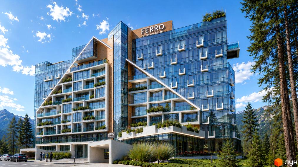 Зображення FERRO Premium Resort Bukovel: багатоповерховий будинок зі скляними фасадами, балконами з рослинами, оточений соснами та горами.