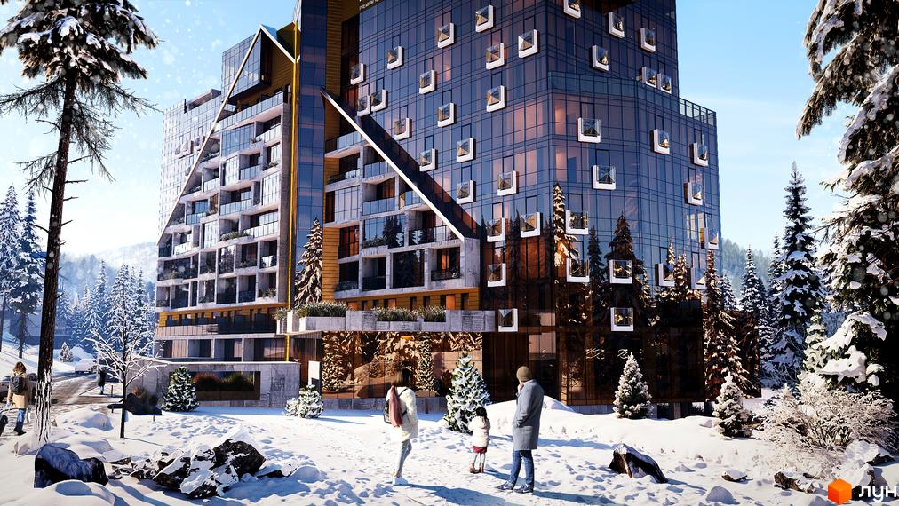 FERRO Premium Resort Bukovel з фасадами зі скла та бетону, оточений засніженими ялинками та людьми, що прогулюються взимку.