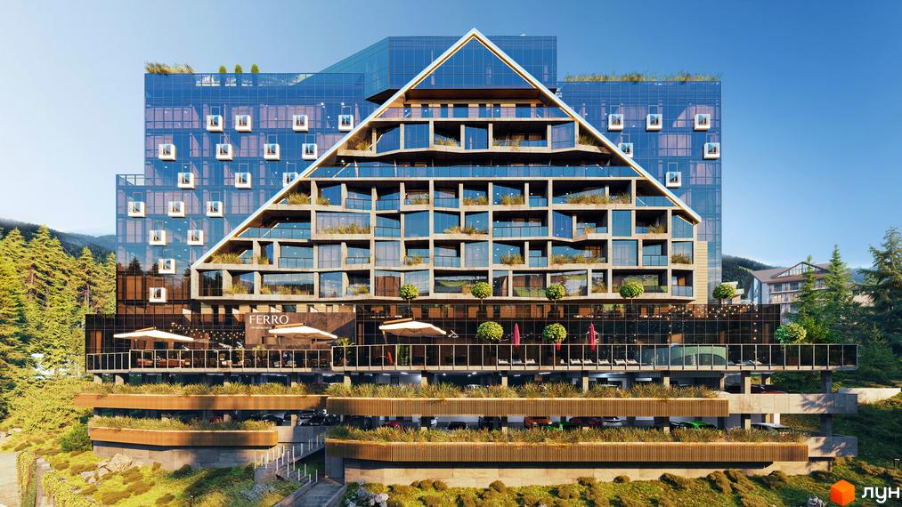 FERRO Premium Resort Bukovel: будівля з трикутним скляним фасадом, озелененими балконами, терасами, паркінгом та гірським ландшафтом.