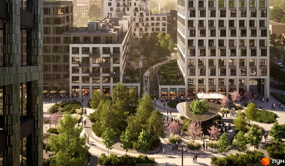 Житловий комплекс City by blago: фасади будівель з великою кількістю вікон та зелена прибудинкова територія з алеями та місцями для відпочинку.