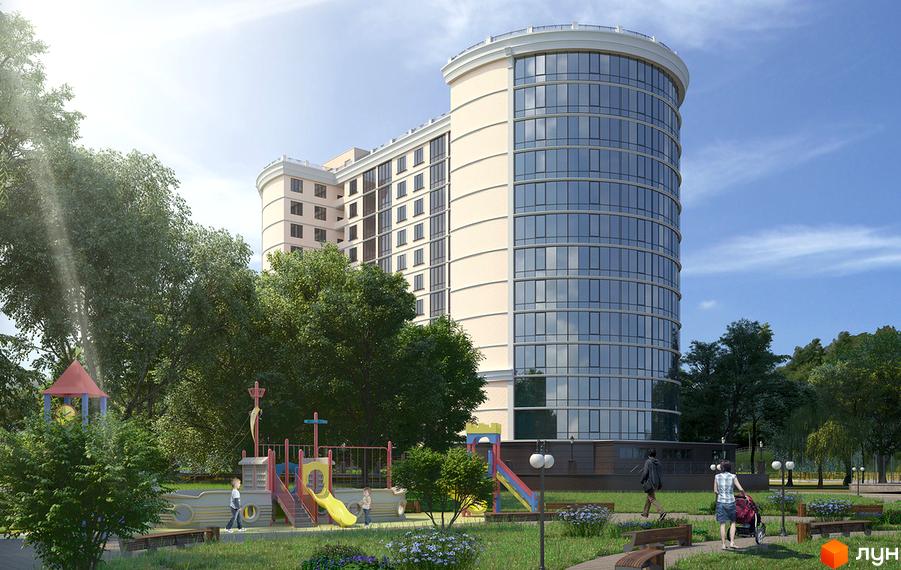 Зображення багатоповерхового будинку в Житловому комплексі Paradise з дитячим майданчиком на прибудинковій території. Навколо зелені насадження.