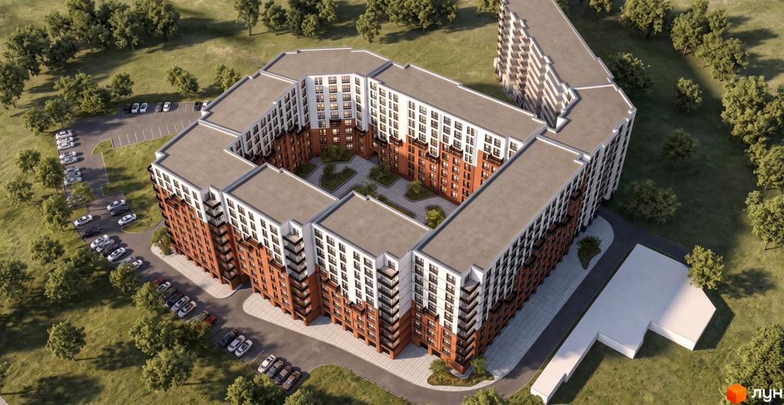 Житловий комплекс Millennium River Club з багатосекційним будинком цегляно-білого кольору. Навколо зелені насадження, внутрішній двір та парковки.