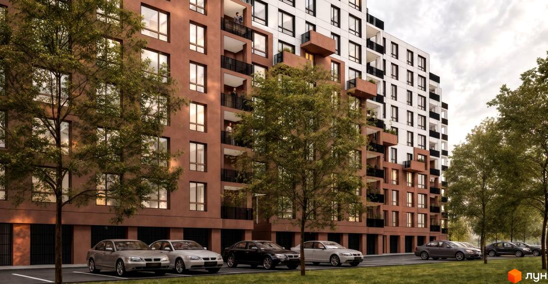 Зовнішній вигляд житлового комплексу Millennium River Club з цегляним фасадом та великими вікнами, що оточений деревами. Прибудинкова територія з автомобілями та зеленою зоною.