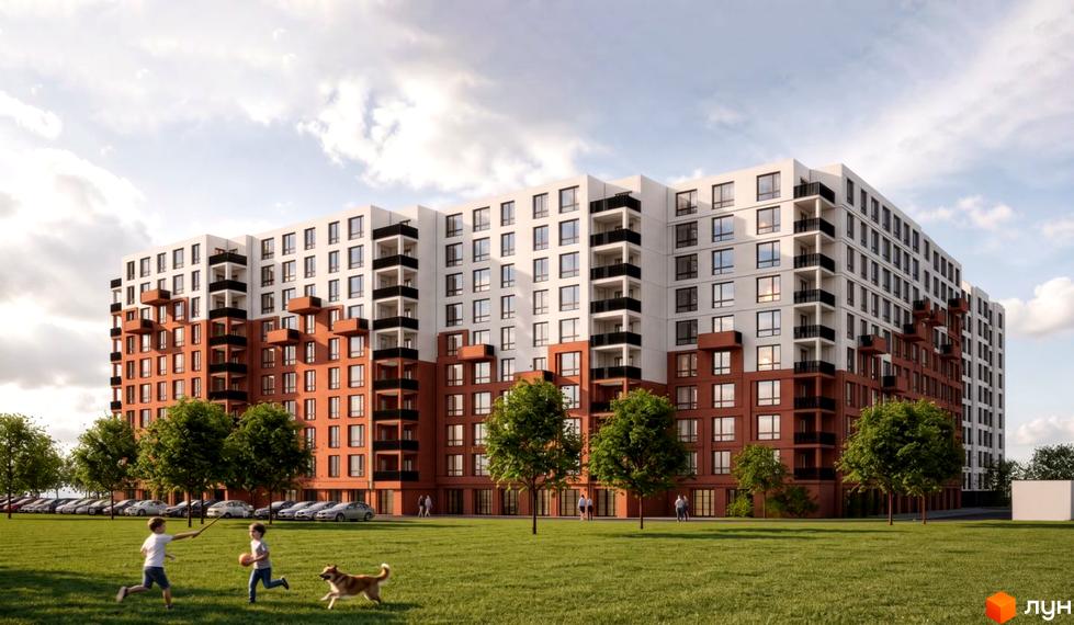 Житловий комплекс Millennium River Club: багатоповерховий будинок з білим та теракотовим фасадом, чорними балконами. Перед ним зелений газон з дітьми, собакою та деревами.