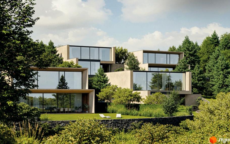 Lion Hills Villas - сучасний житловий комплекс з панорамними вікнами та терасами, оточений зеленню та деревами. Територія комплексу доглянута, з газоном та зонами відпочинку.