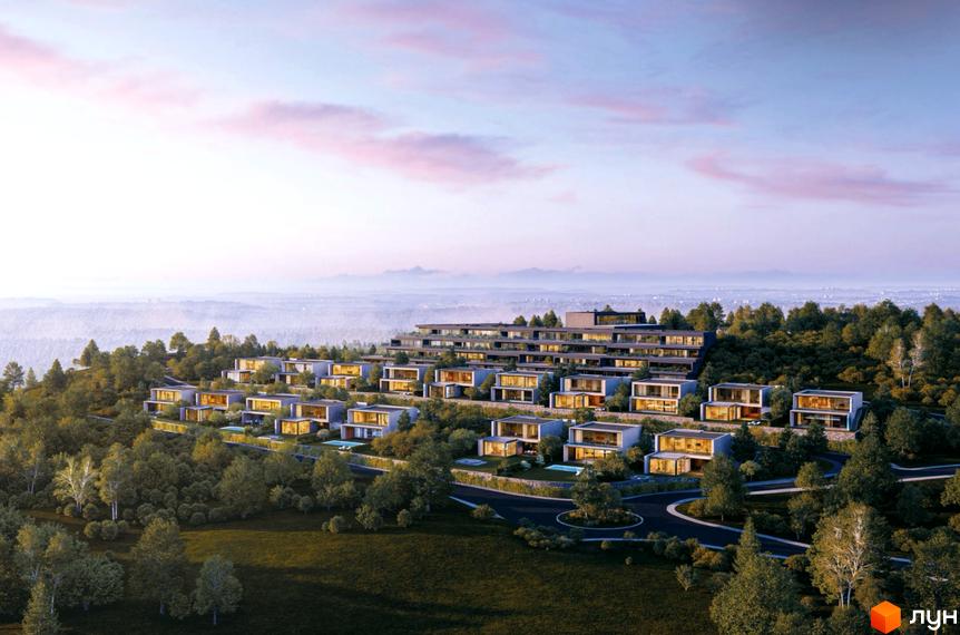 Lion Hills Villas – це житловий комплекс з багатоквартирним будинком та віллами з великими вікнами, розташований на схилі пагорба. Територія оточена густою зеленню та має дороги, що ведуть до осель.