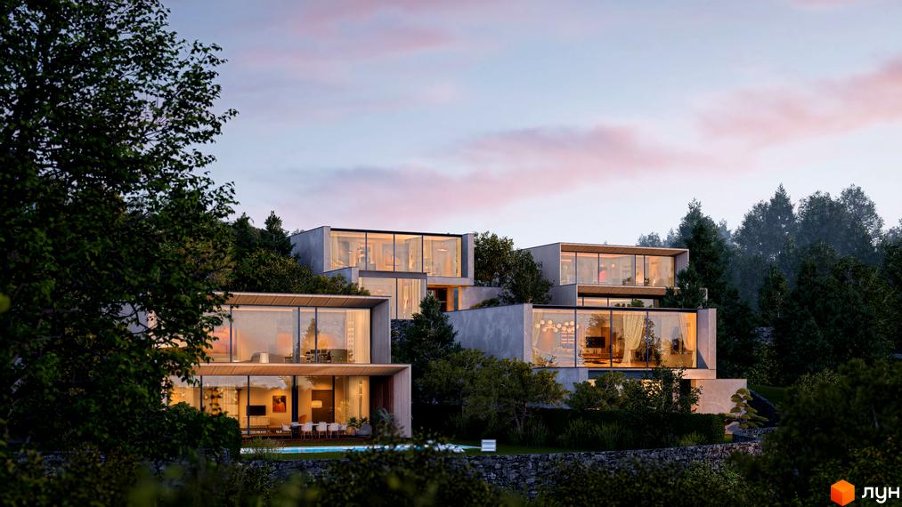 Багаторівневі вілли Lion Hills Villas з панорамними вікнами та бетонними фасадами, розташовані на схилі серед густої зелені та дерев, з басейном.