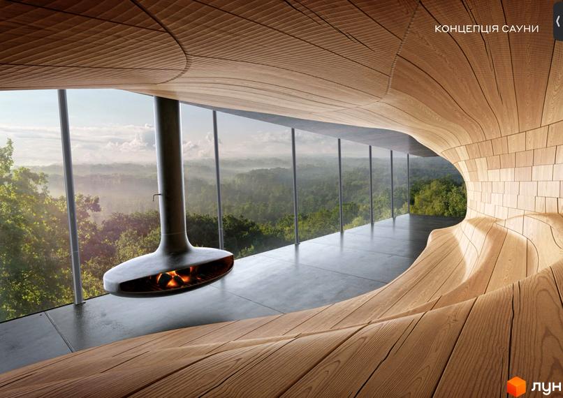 Інтер'єр сауни з панорамними вікнами та видом на ліс. Lion Hills Villas – новобудова з дерев'яними елементами та каміном.