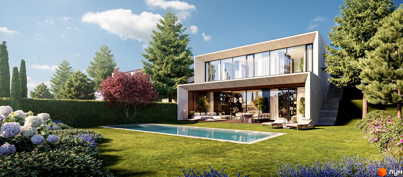 Lion Hills Villas - двоповерховий будинок з панорамними вікнами та басейном на доглянутій зеленій ділянці з квітами та деревами.