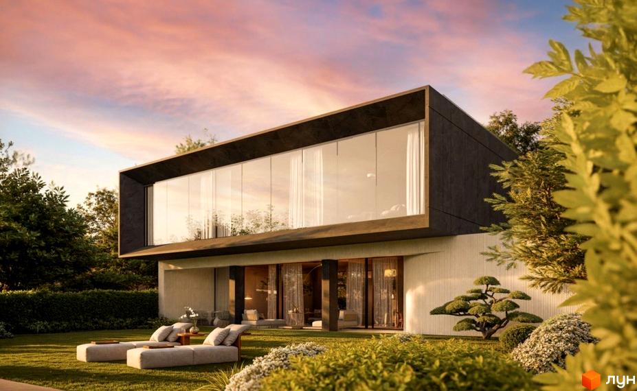 Двоповерхова вілла Lion Hills Villas з темним верхнім поверхом та панорамними вікнами. Навколо доглянутий газон з лежаками та декоративними рослинами.