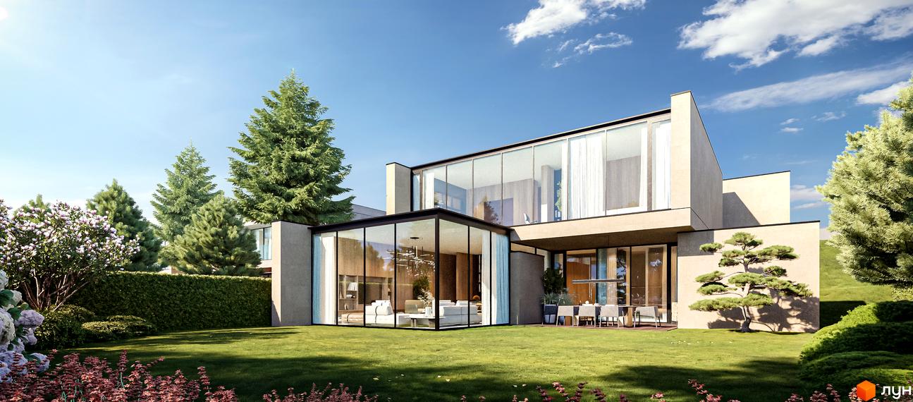 Lion Hills Villas - сучасний житловий комплекс з великими вікнами та доглянутою прибудинковою територією. Зелений газон, дерева та квіти оточують будинок.
