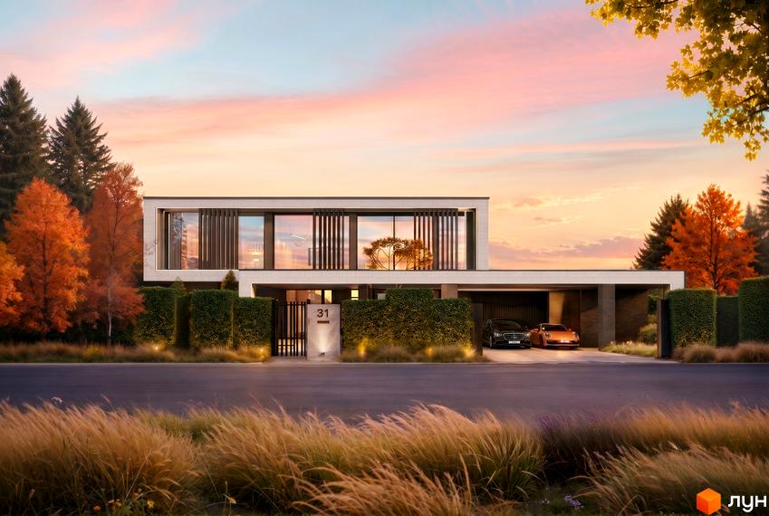 Будинок Lion Hills Villas має великі вікна та світлий фасад. Прибудинкова територія прикрашена доглянутими зеленими насадженнями та осінніми деревами.