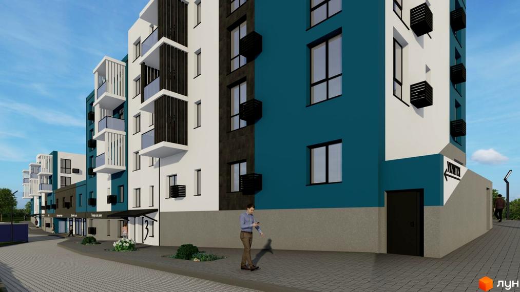 Житловий комплекс River Estate: багатоповерхові будинки з білими, темно-бірюзовими фасадами та балконами. На перших поверхах комерційні приміщення, поруч доріжка з озелененням.