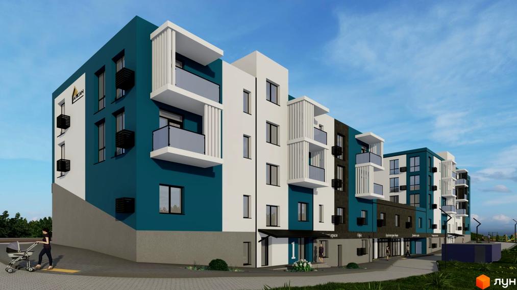 Житловий комплекс River Estate з фасадом у білих, бірюзових та темно-сірих тонах, балкони. На першому поверсі комерція, поруч зелена зона.