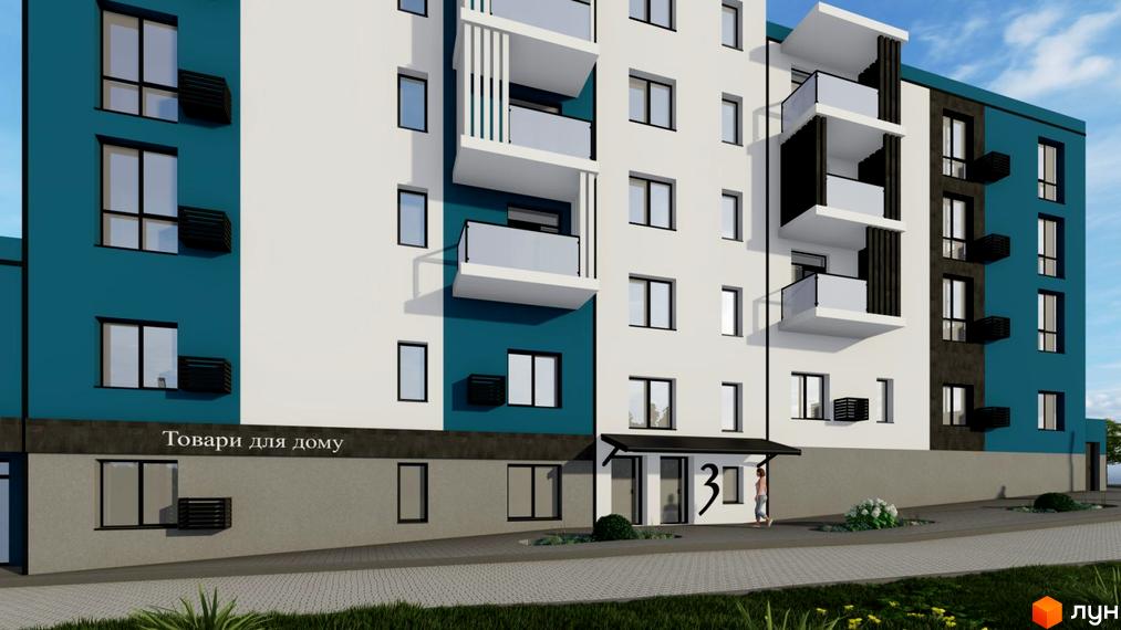 Житловий комплекс River Estate: багатоповерховий будинок з бірюзово-білим фасадом, балконами та комерційними приміщеннями на першому поверсі. Поруч зелена зона.