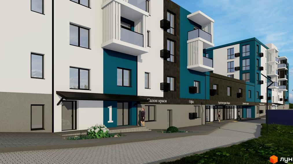 Житловий комплекс River Estate: багатоповерхові будинки з білими, темно-сірими та бірюзовими фасадами, комерційні приміщення на першому поверсі, бруківка та зелені насадження.