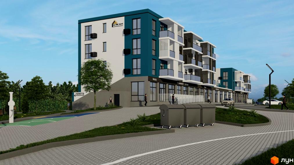Житловий комплекс River Estate: будинок з білими та бірюзовими фасадами, балконами та магазинами. Територія з озелененням та зарядкою для електромобілів.