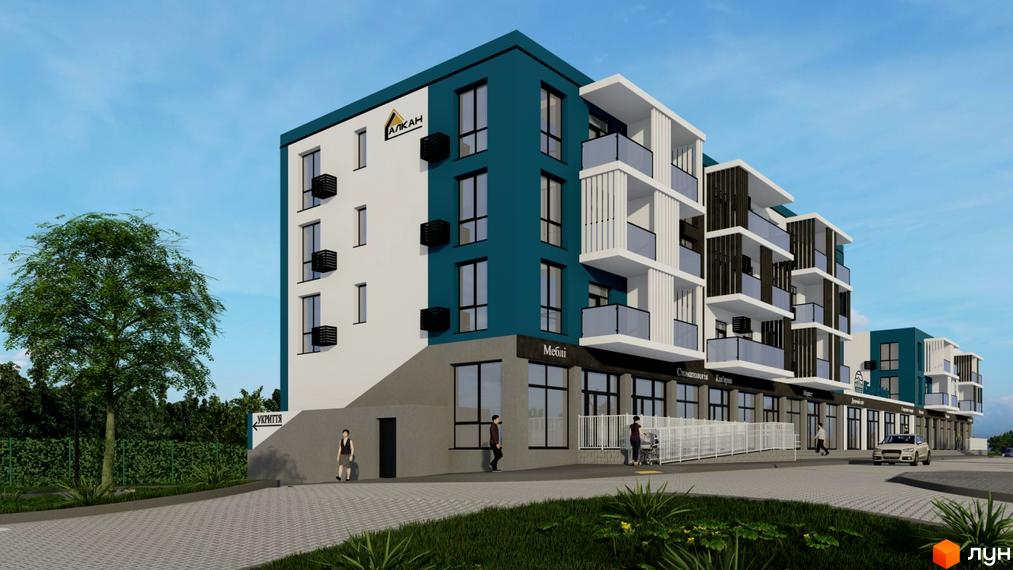Новобудова River Estate з бірюзово-білим фасадом, балконами та комерційними приміщеннями на першому поверсі. Поруч зелена зона та пішохідна доріжка.