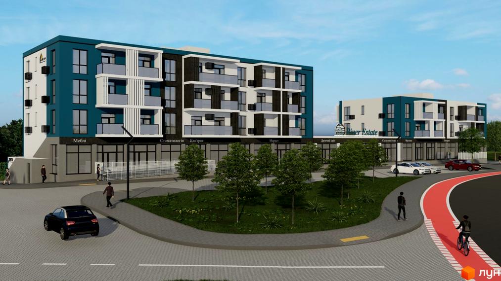 Житловий комплекс River Estate: багатоповерхові будинки з синьо-білими фасадами. На перших поверхах комерційні приміщення, поруч зелена зона та велодоріжка.