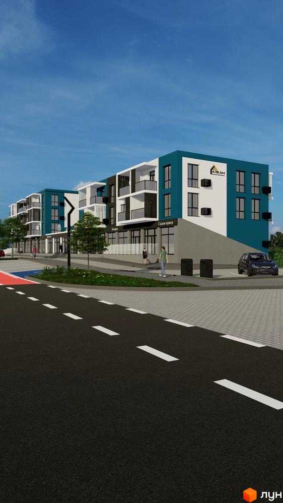 Житловий комплекс River Estate: будинки бірюзового, білого та темно-сірого кольорів з балконами. На першому поверсі комерційні приміщення, поруч дорога.