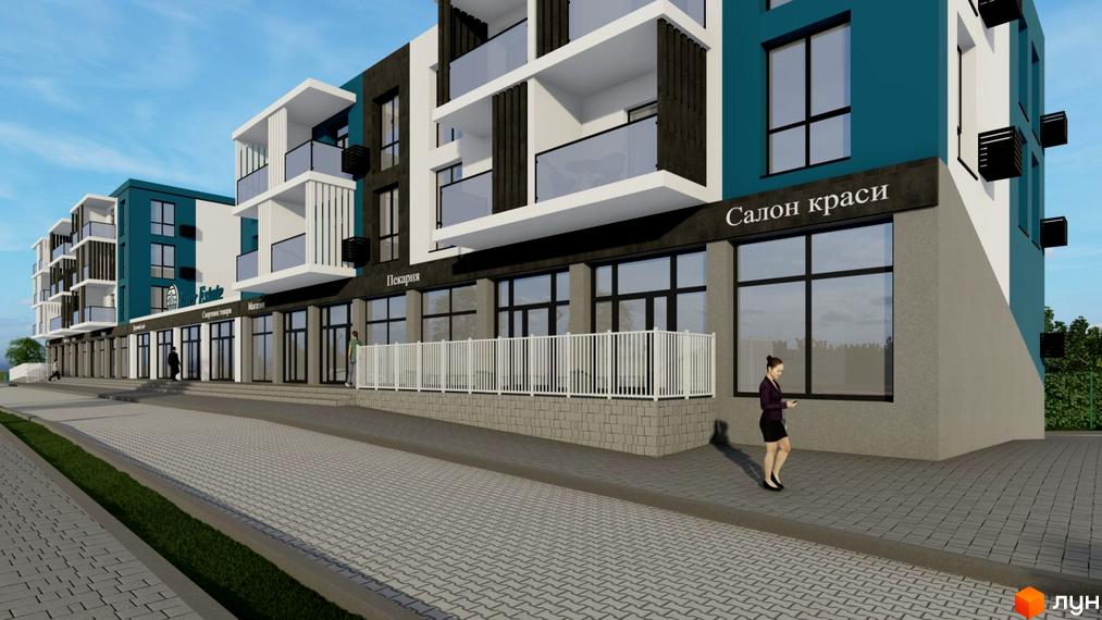 Фасад Житлового комплексу River Estate з синьо-сірими панелями, балконами та вітринами магазинів. Перед будинком бруківка та пішохідна доріжка.