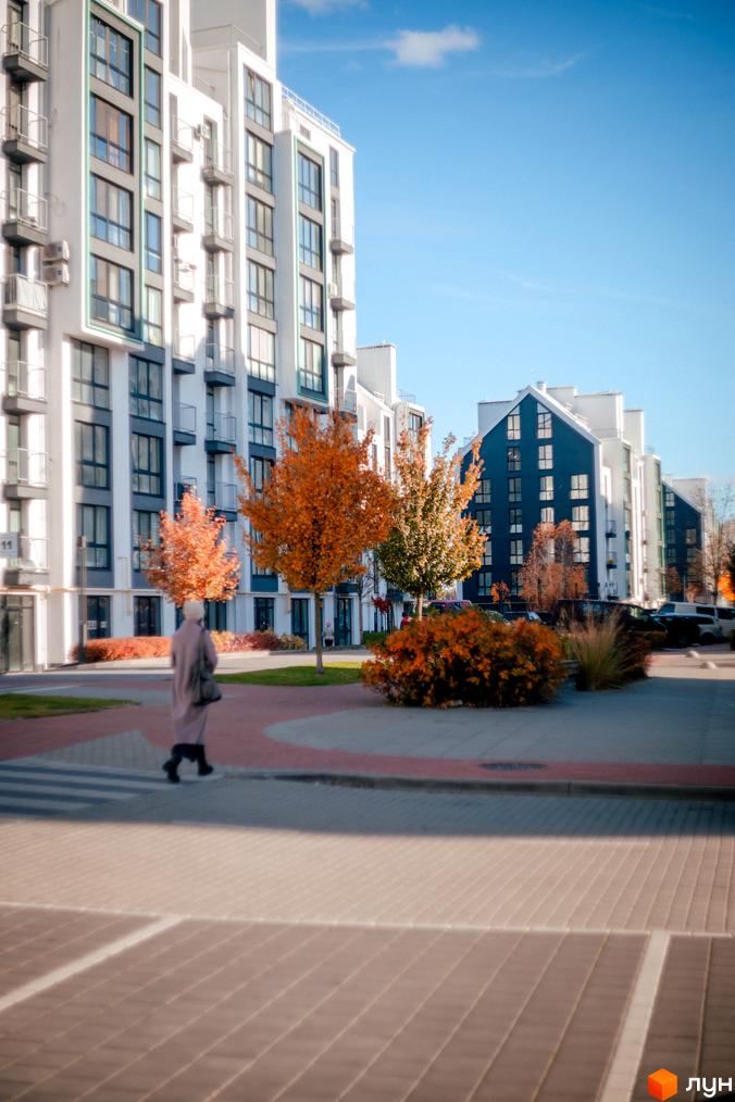 Житловий комплекс City Lake з фасадами біло-синього кольору та осінніми деревами на прибудинковій території. Новобудова розташована на фоні блакитного неба.
