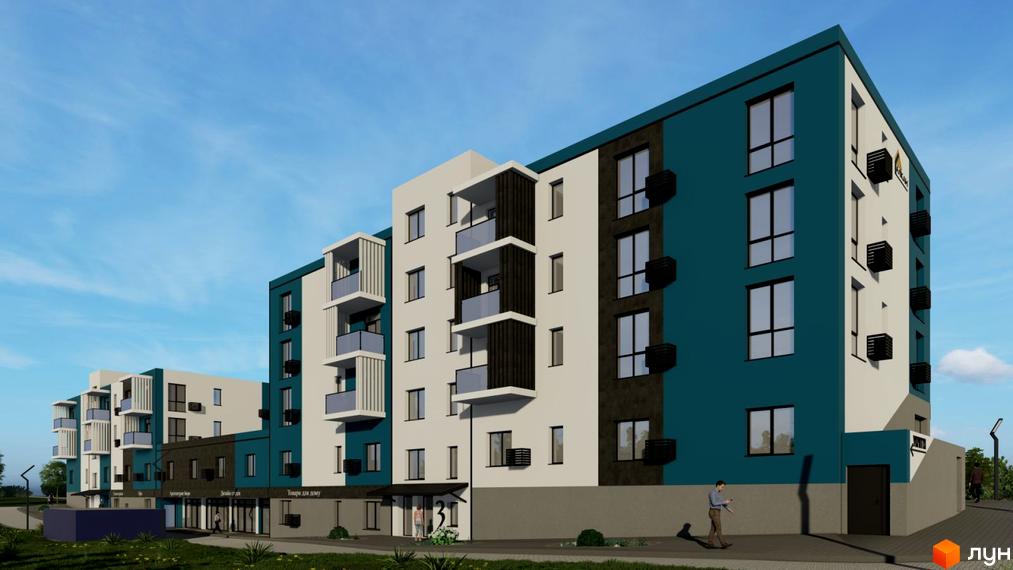 Зовнішній вигляд новобудови ЖК River Estate з балконами та вікнами. Навколо будинку облаштована прибудинкова територія з тротуаром та зеленню.