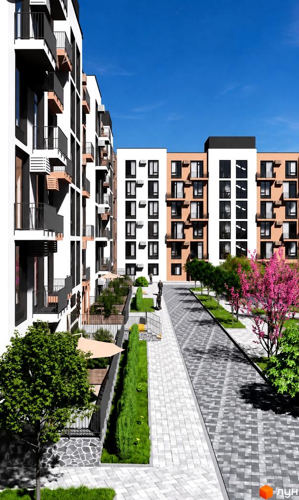 Житловий комплекс Sun Park 2: будинки з білими та світло-коричневими фасадами, балконами. Прибудинкова територія з доріжками, зеленню та квітучими деревами.