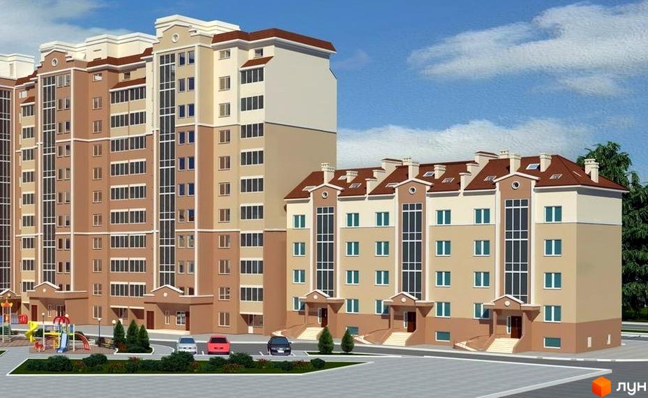 Зовнішній вигляд новобудови ЖК Solaris з кількома корпусами різної висоти та кольорової гами. Прибудинкова територія включає дитячий майданчик та зелені насадження.