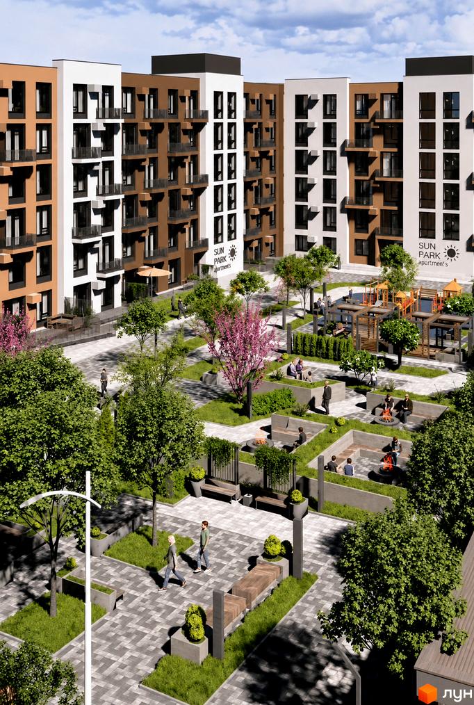Житловий комплекс Sun Park 2: багатоповерхові будинки з комбінованими фасадами, озеленена територія з майданчиком та зонами відпочинку.