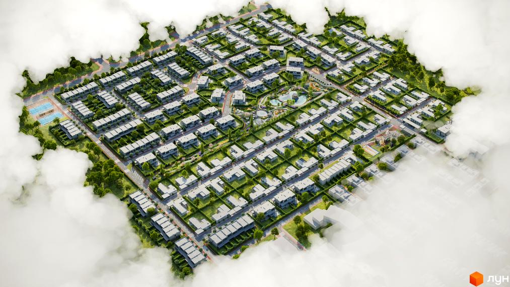Котеджне містечко Montana City: панорама забудови з рядами двоповерхових будинків. На території є зелені зони, парк з водоймами та спортивні майданчики.