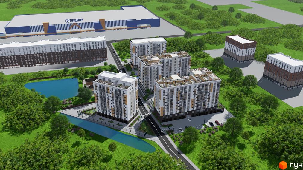 Житловий комплекс Okrug Residence з багатоповерховими будинками білого та коричневого кольорів, оточений зеленими насадженнями та водоймою.