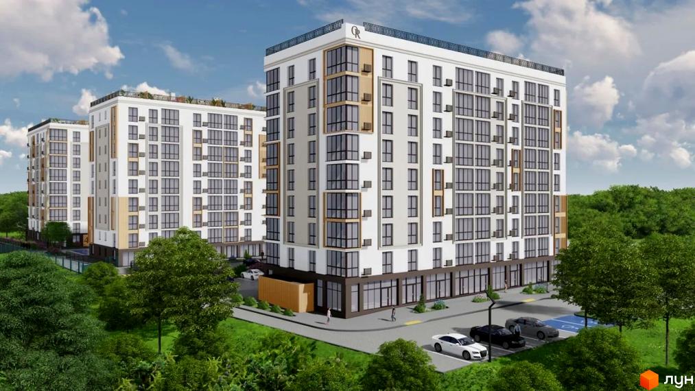 Житловий комплекс Okrug Residence: два багатоповерхові будинки з білими фасадами, великими вікнами та коричневими акцентами. Навколо зелені дерева, доріжки та паркінг.