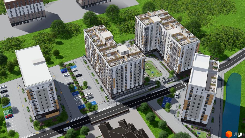 Житловий комплекс Okrug Residence з багатоповерховими будинками, зеленими насадженнями, дитячим майданчиком та парковками.