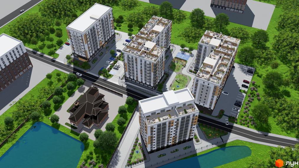 Житловий комплекс Okrug Residence: багатоповерхові будинки зі світлими фасадами, терасами на даху, поруч зелені зони, дитячі майданчики та водойма.