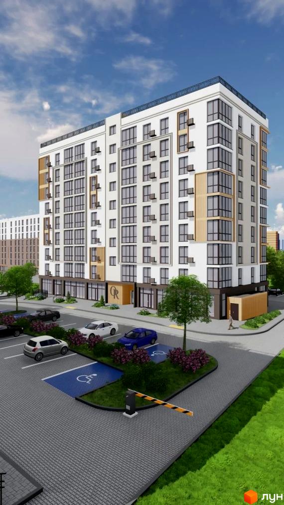 Житловий комплекс Okrug Residence: багатоповерховий будинок з білим фасадом та дерев'яними елементами, великими вікнами. Прибудинкова територія з парковкою, зеленню та шлагбаумом.