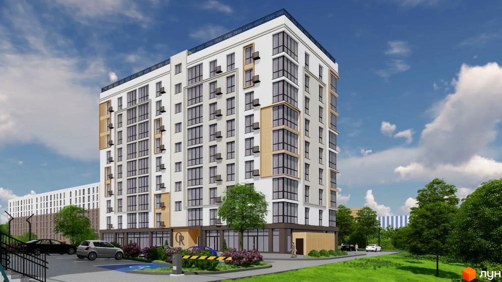 Багатоповерховий будинок Житловий комплекс Okrug Residence з білим фасадом, великими вікнами та дерев'яними елементами. Прибудинкова територія має парковку та зелені насадження.