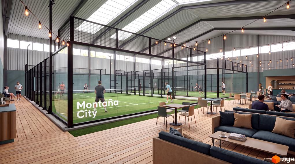 Комплекс Montana City з сучасними кортами для падел-тенісу та зоною відпочинку з диванами та столами. На території комплексу розташовані спортивні майданчики та місця для дозвілля.