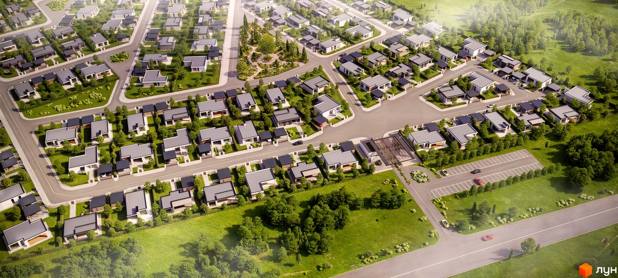 БФК OMRIYANE CITY - вид з висоти пташиного польоту на сучасні будинки та доглянуту прибудинкову територію з зеленими насадженнями.