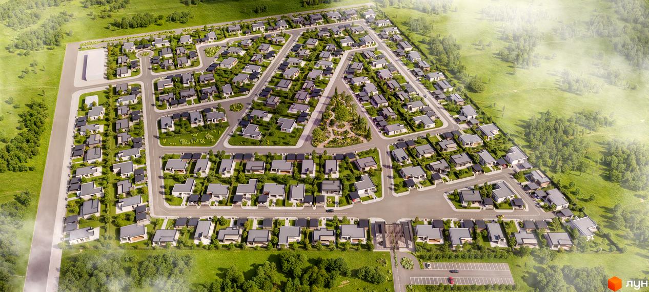 БФК OMRIYANE CITY: вид зверху на забудову з одноповерховими будинками, дорогами та великими зеленими зонами. Комплекс оточений лісами.