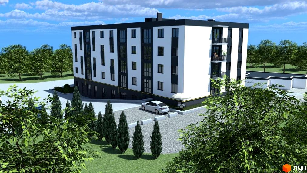 Новобудова ЖК Petrykiv Hills з біло-чорним фасадом та балконами, прибудинкова територія з деревами та автомобілем.