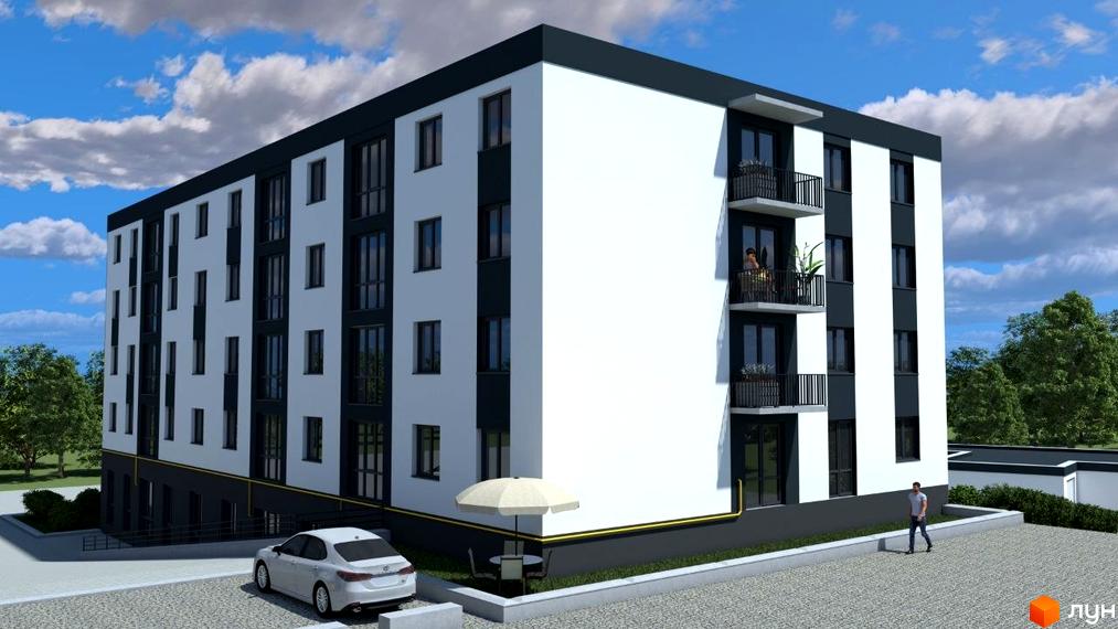 Житловий комплекс Petrykiv Hills. Багатоповерховий будинок з чорно-білим фасадом та балконами. На прибудинковій території є парковка, зона відпочинку та зелені насадження.
